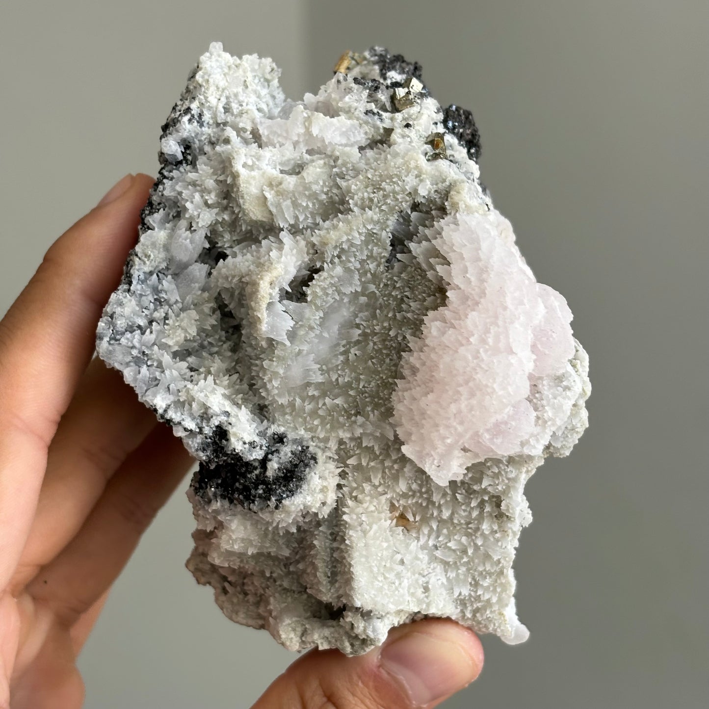 clear calcite, manganocalcite and pyrite