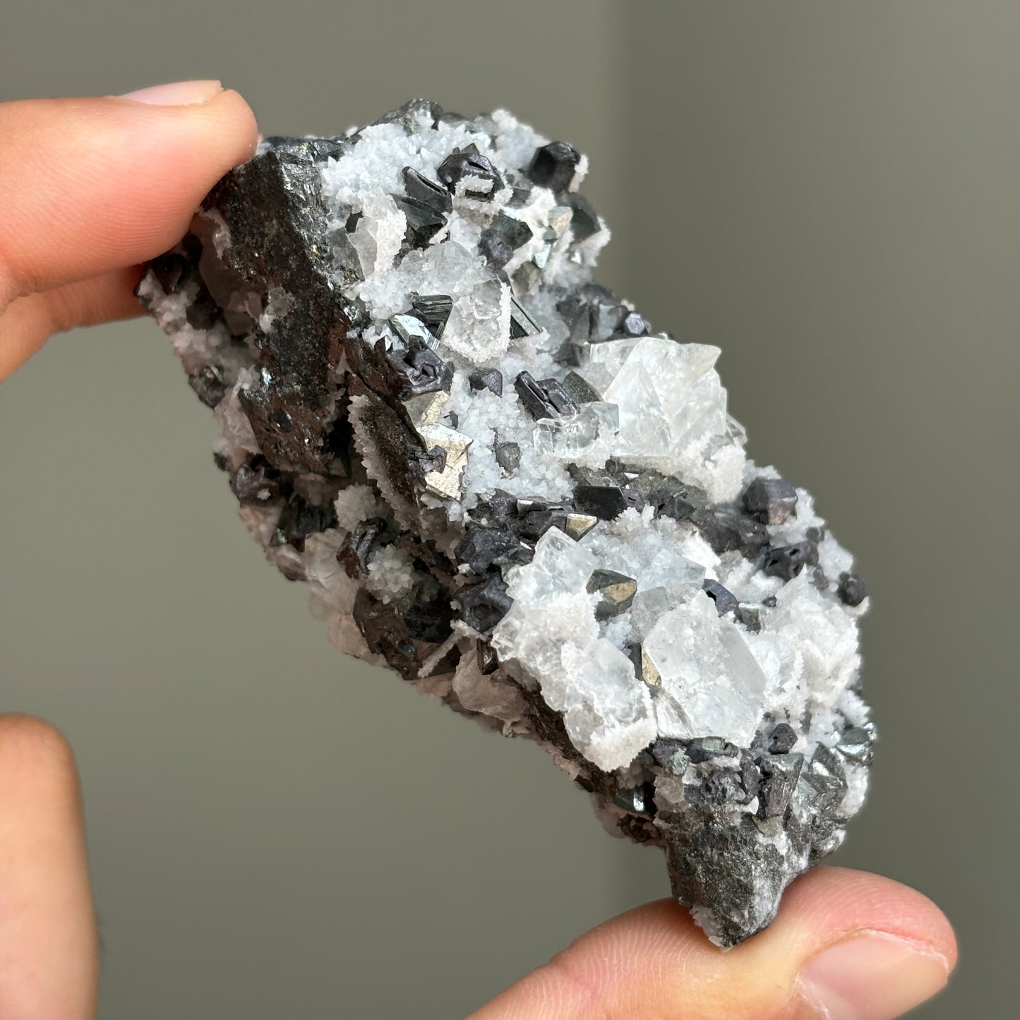 tetrahedrite, gray fluorite and crystal quartz