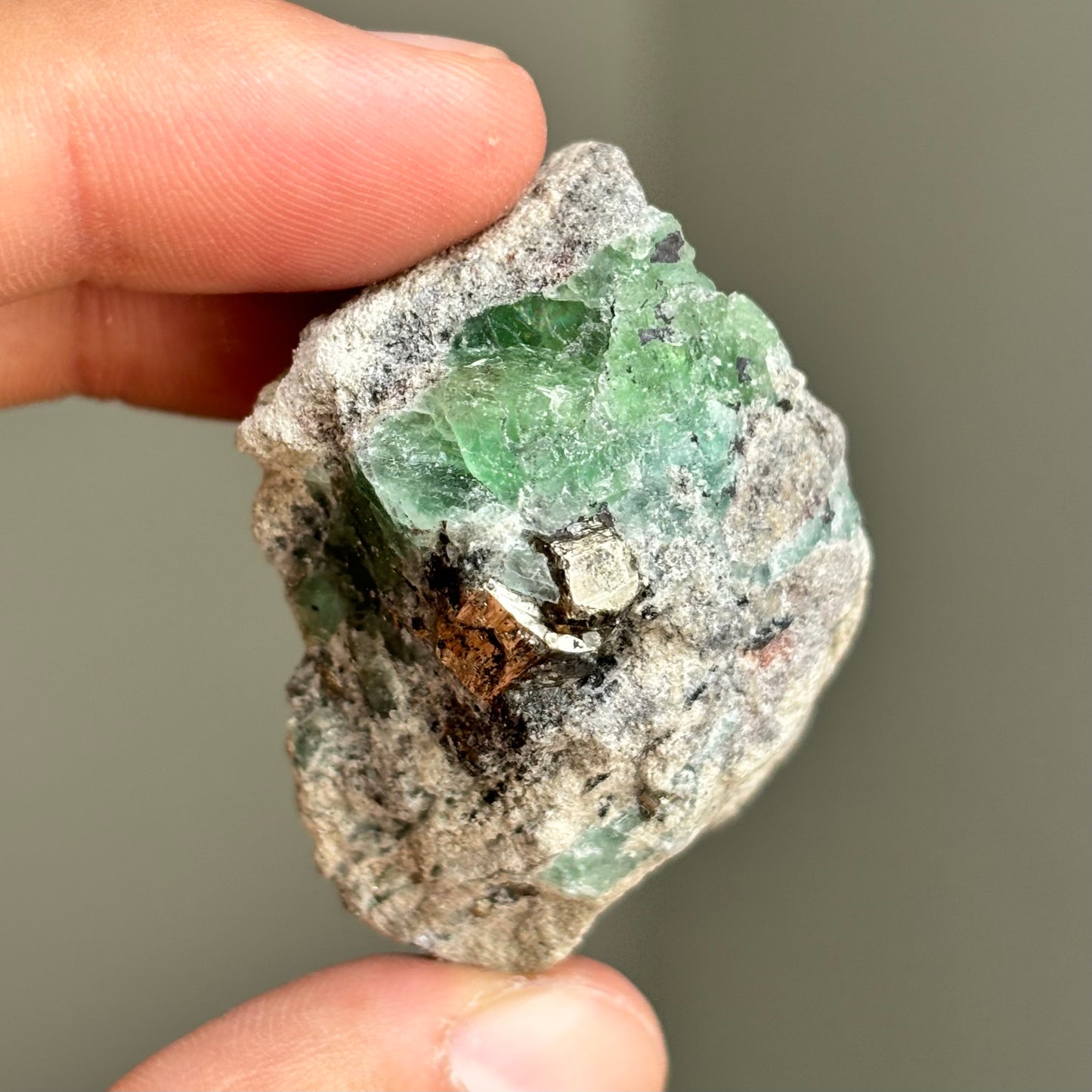 green fluorite and pyrite on matrix