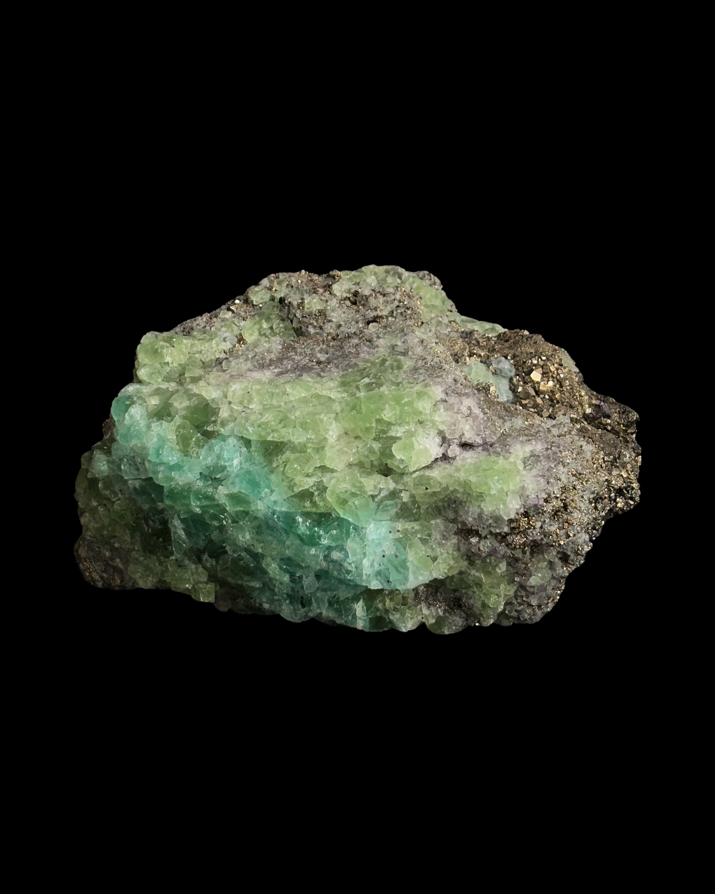 FLUORITA VERDE, CALCOPIRITA Y PIRITA BRUTO (XL)