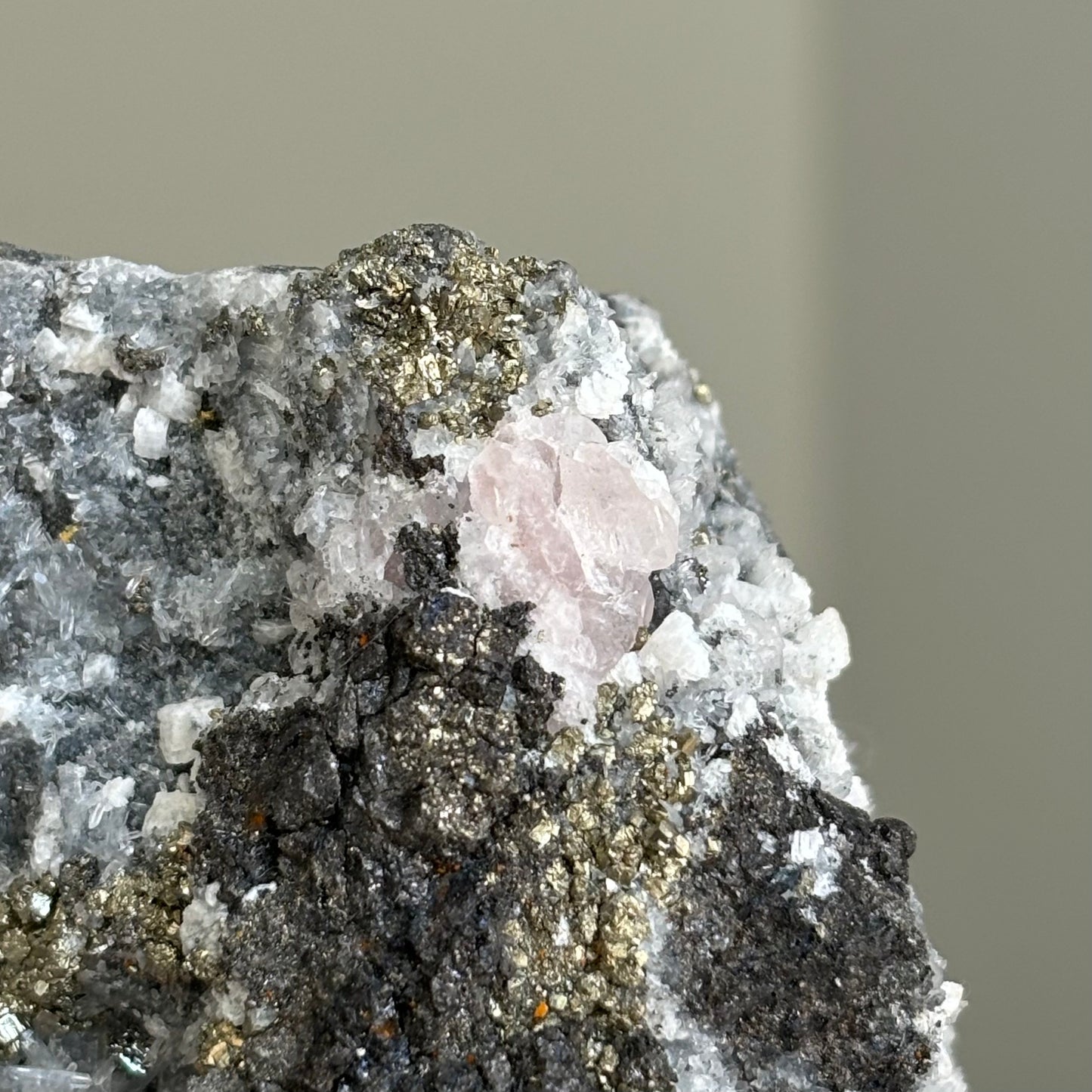 pink fluorite, pyrite and dolomite